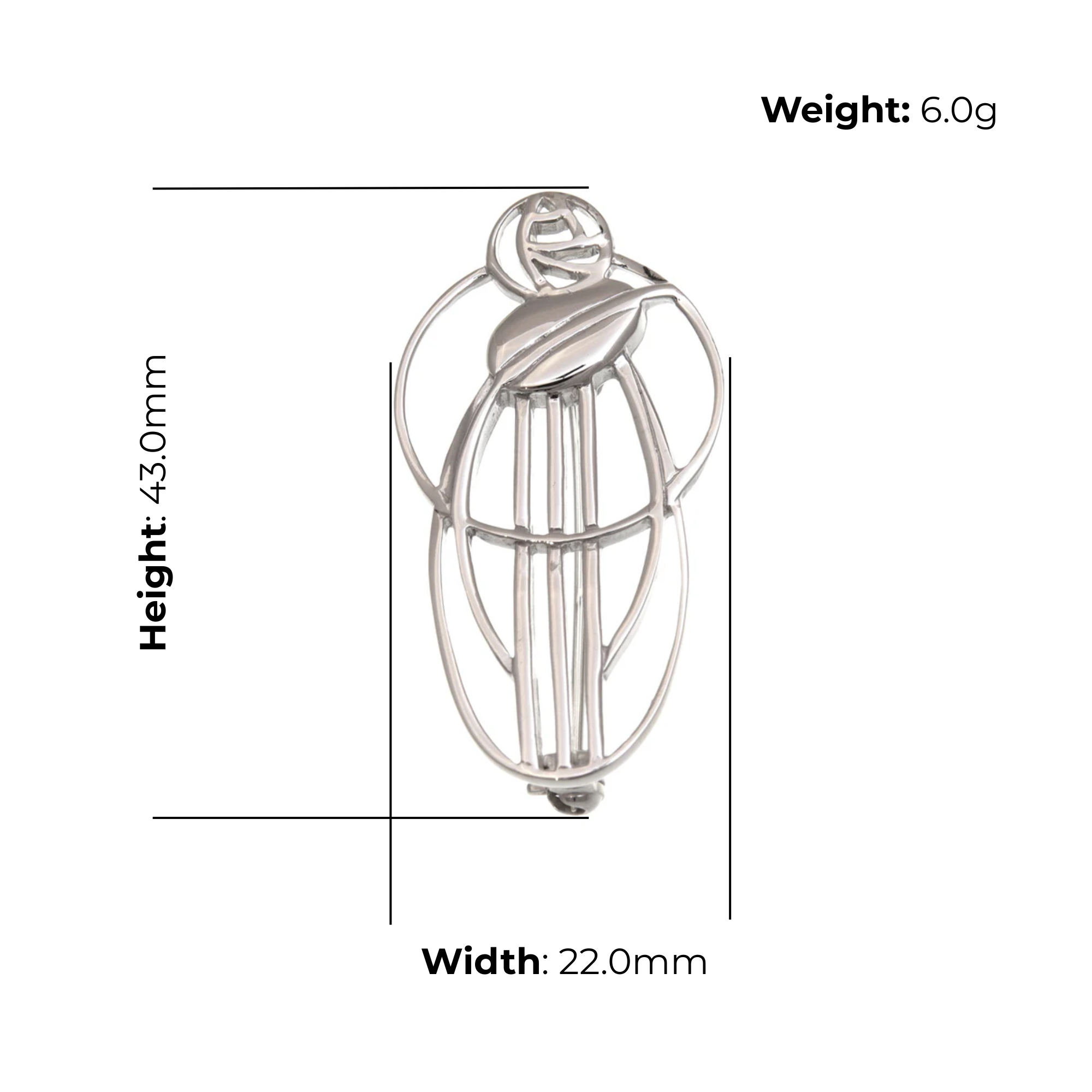 Sterling Silver Charles Rennie Mackintosh Figure Brooch, abstracted figure design, product dimensions shown, width 22mm, height 43mm, weight 6g