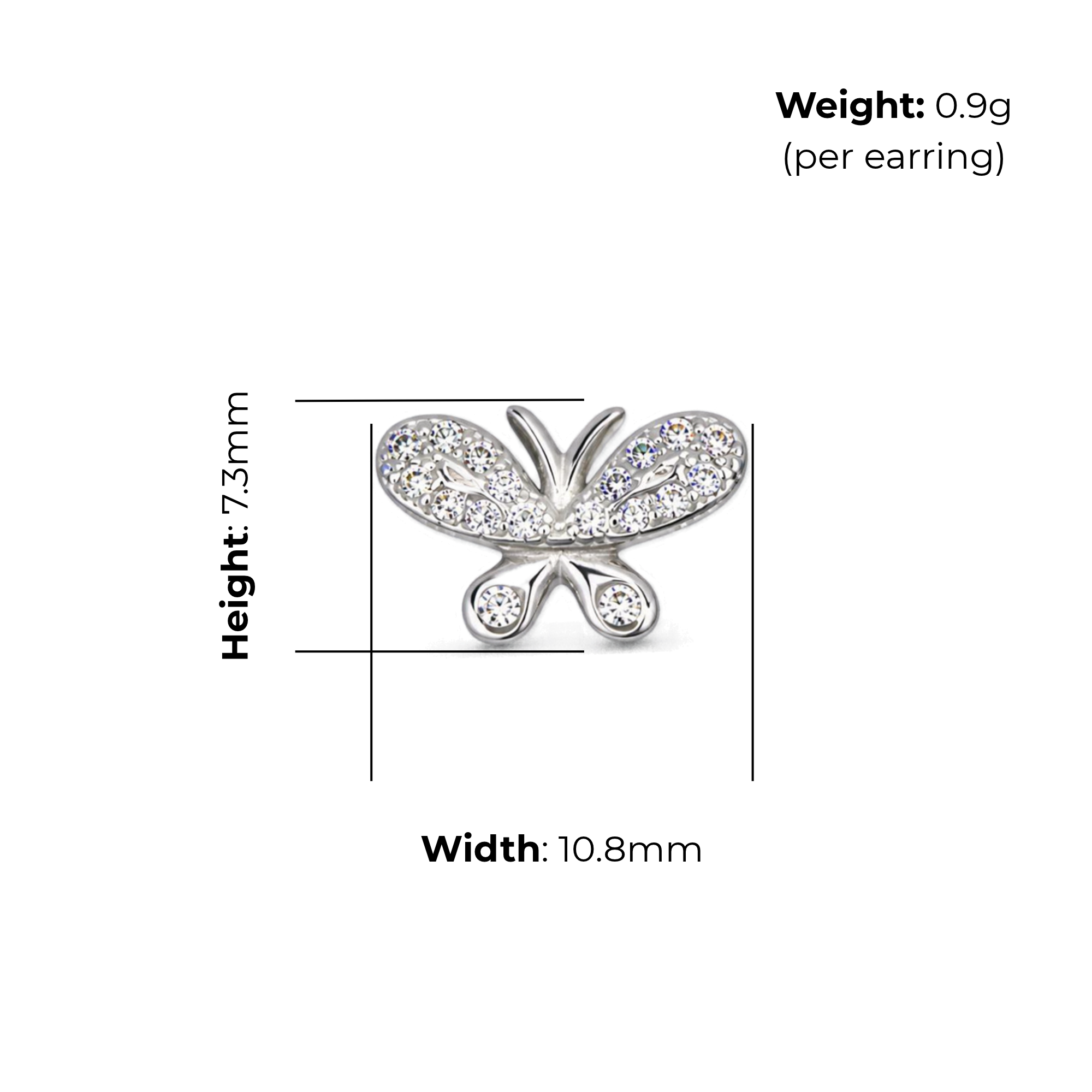Sterling Silver Butterfly CZ Stud Earrings, product dimensions shown, width 10.8mm, height 7.3mm, weight 0.9g per earring