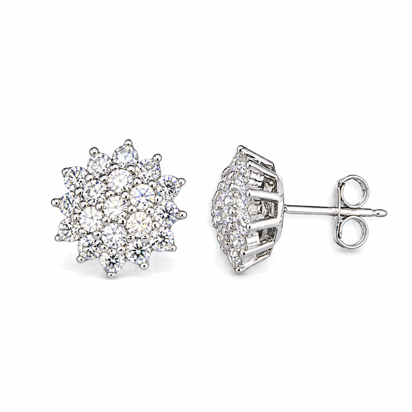 Sterling Silver Flower Cluster Stud Earrings, Pave-Set CZ