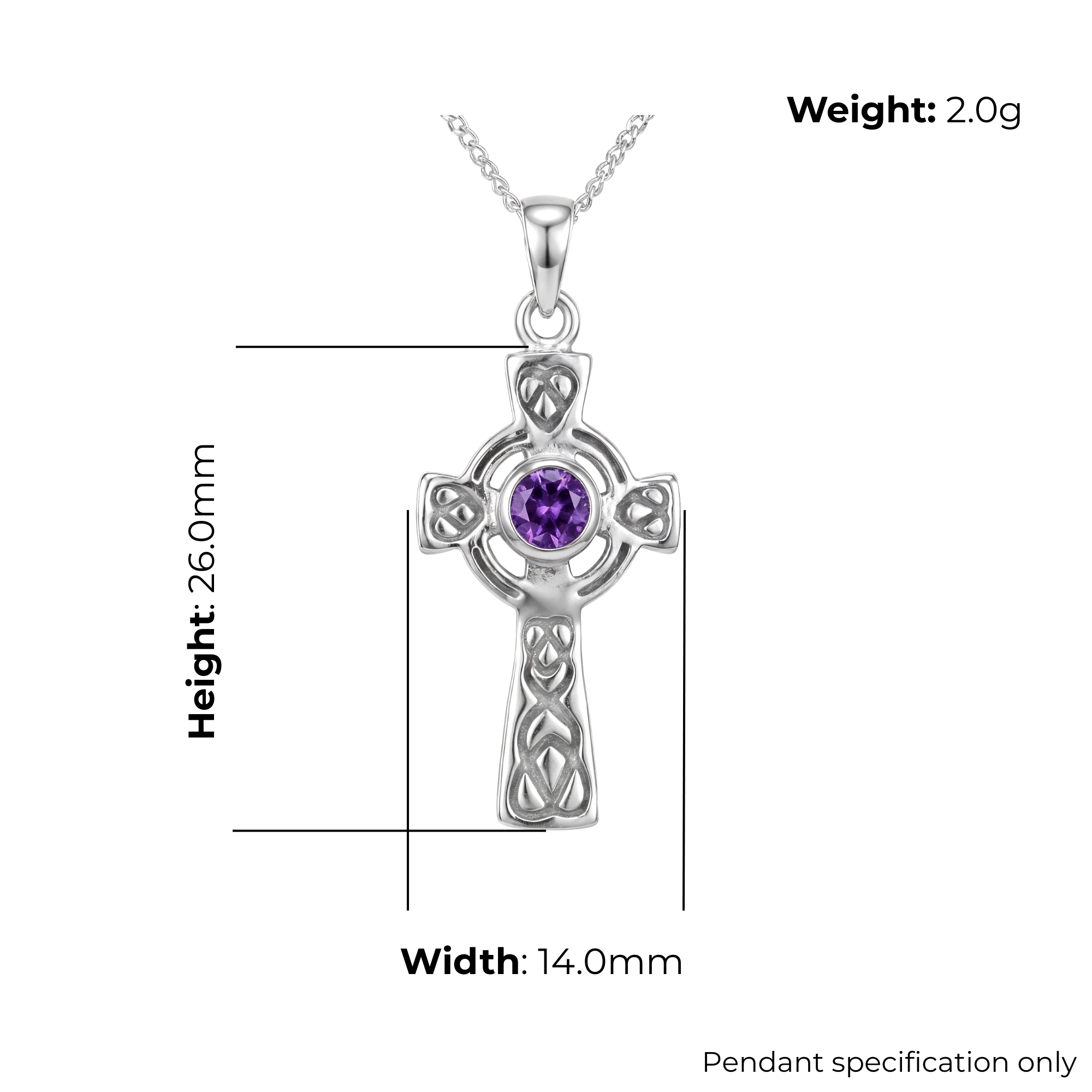 Sterling Silver Celtic Cross Pendant, amethyst, heart knotwork, product specification shown, width 14mm, height 26mm, weight 2g, pendant specification only