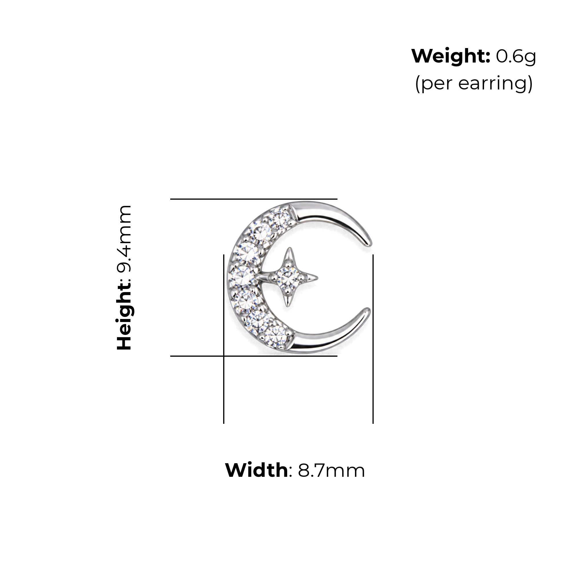 Sterling Silver Crescent Moon and Star Stud Earrings, Pave-Set CZ, product dimensions shown, width 8.7mm, height 9.4mm, weight 0.6g per earring.