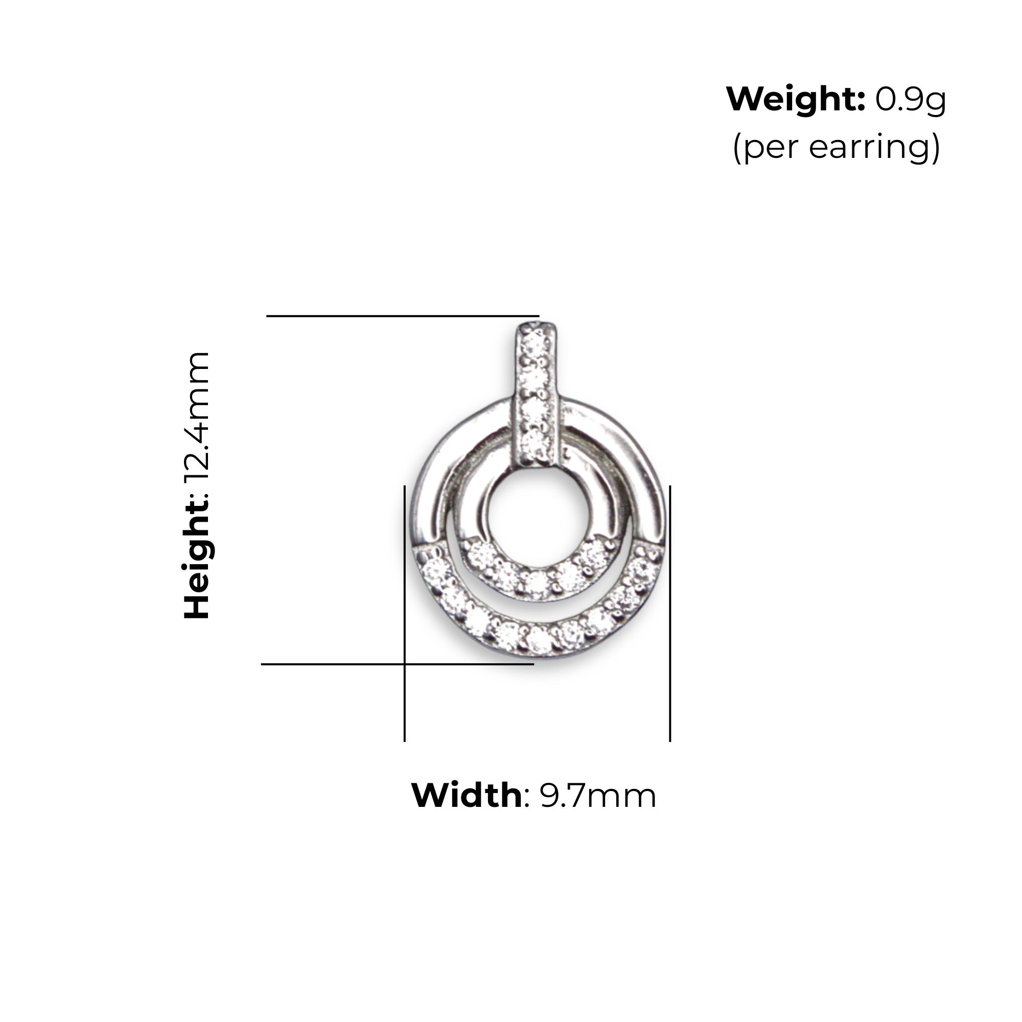 Sterling Silver Open Double Circle Stud Earrings with CZ, product dimensions shown, width 9.7mm, height 12.4mm, weight 0.9g per earring