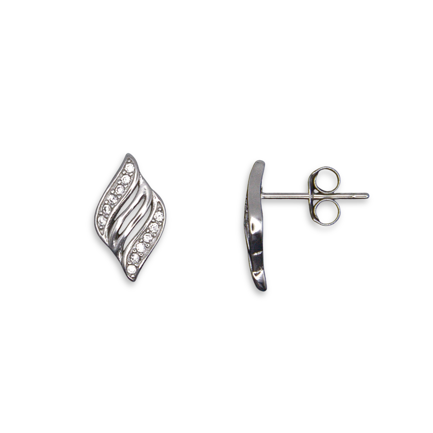 Sterling Silver Swirling Leaf CZ Stud Earrings