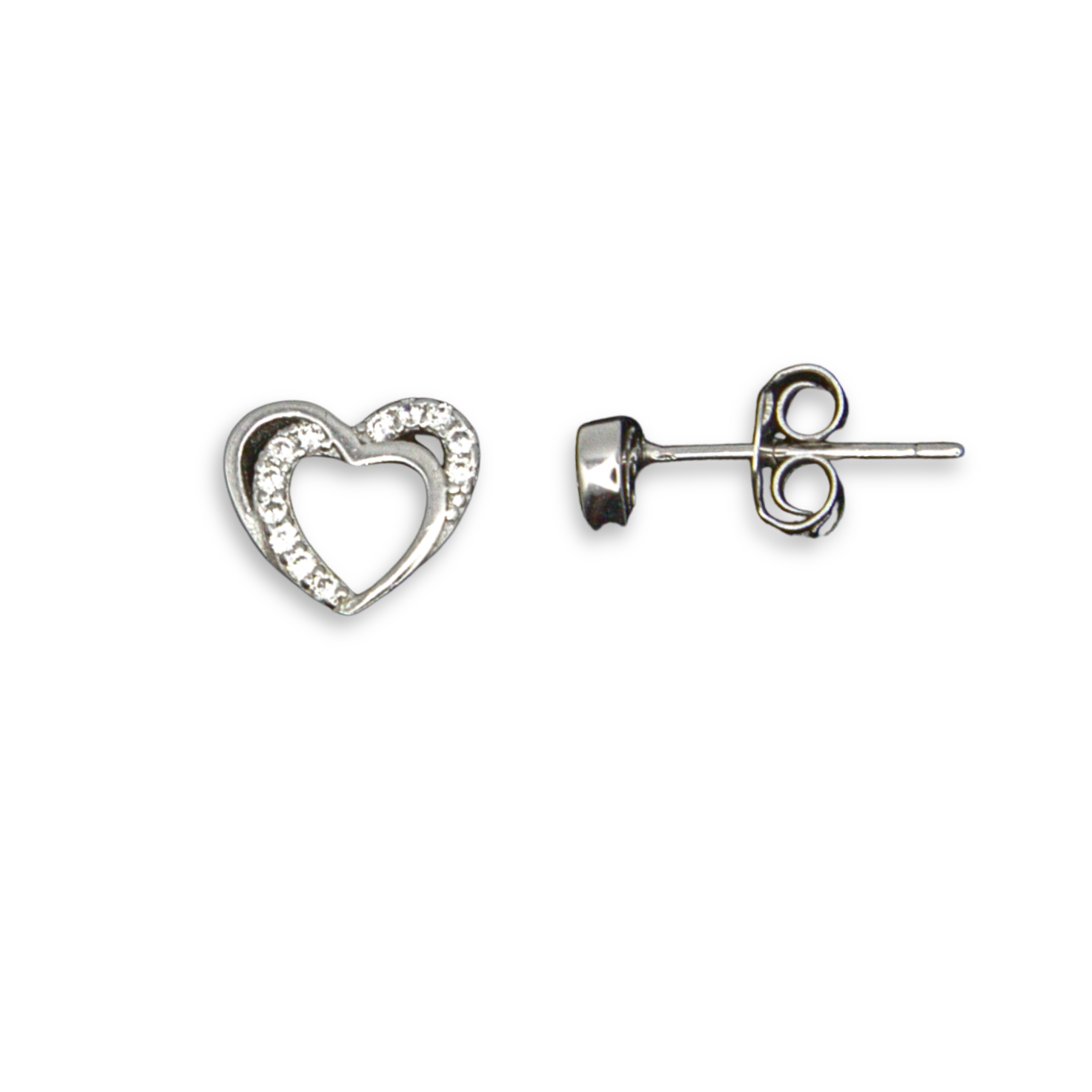 Sterling Silver Double Outline Heart Stud Earrings, Pave-Set CZ