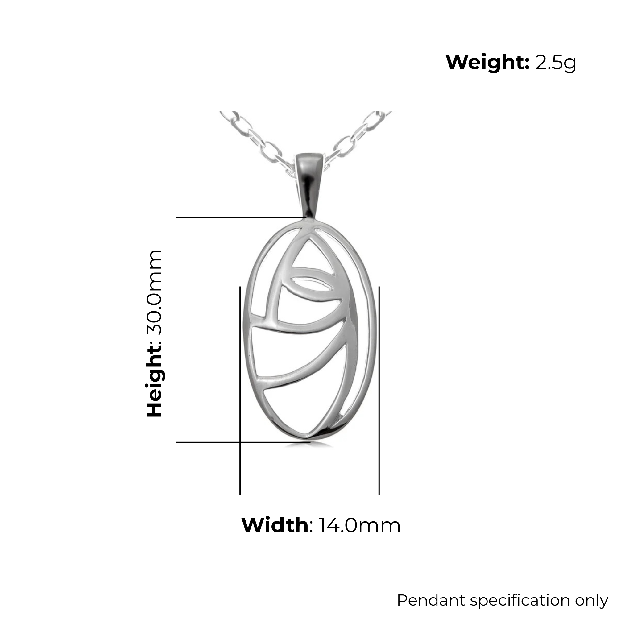 Sterling Silver Charles Rennie Mackintosh Oval Pendant, abstract geometric design, product dimensions shown, width 14mm, height 30mm, weight 2.5g, pendant specification only