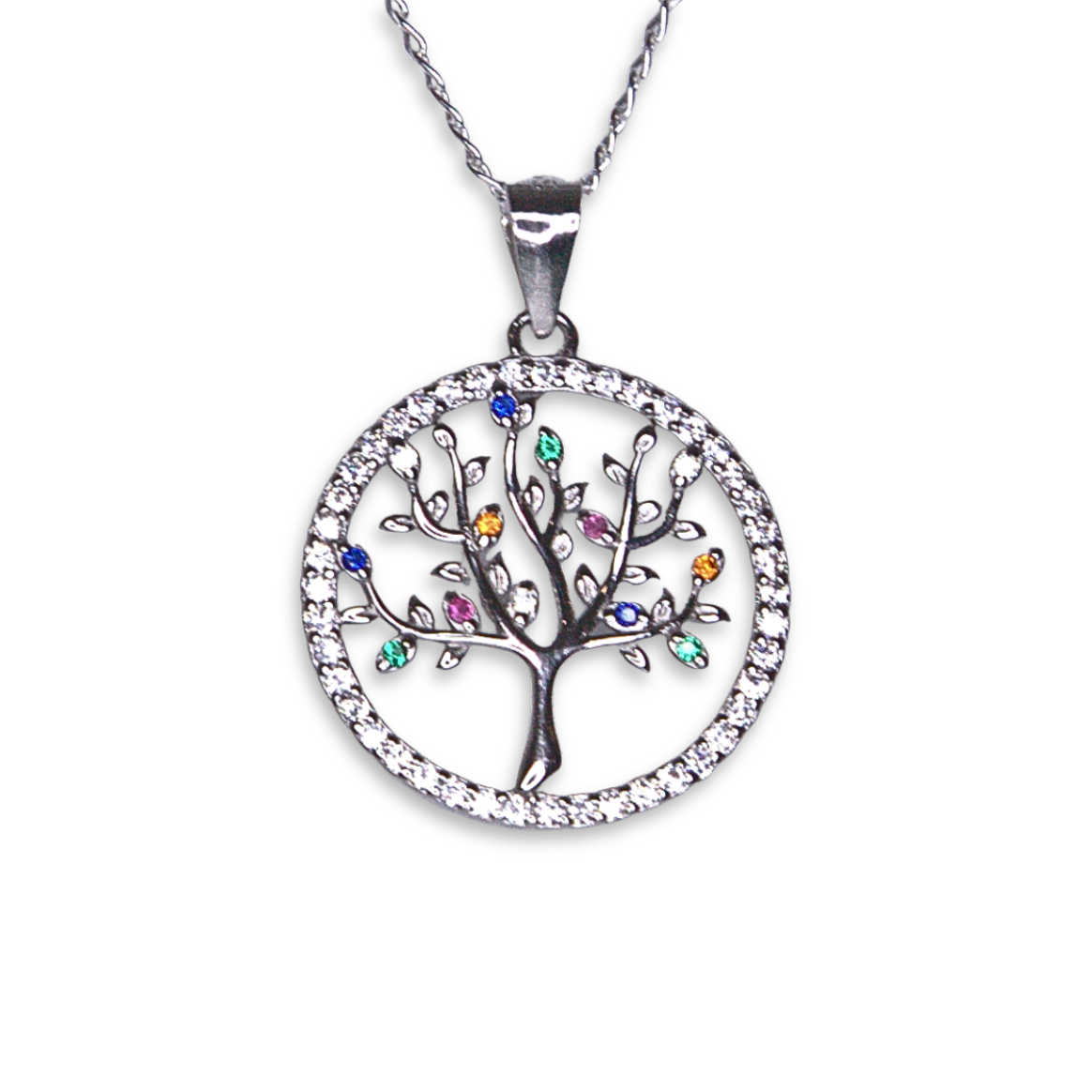 Sterling Silver Tree of Life Pendant, Multi-Colour CZ Detail with Border