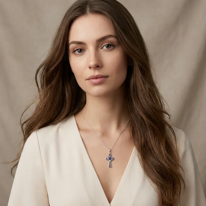 Sterling Silver Celtic cross pendant with amethyst, shown on model at neckline giving scale
