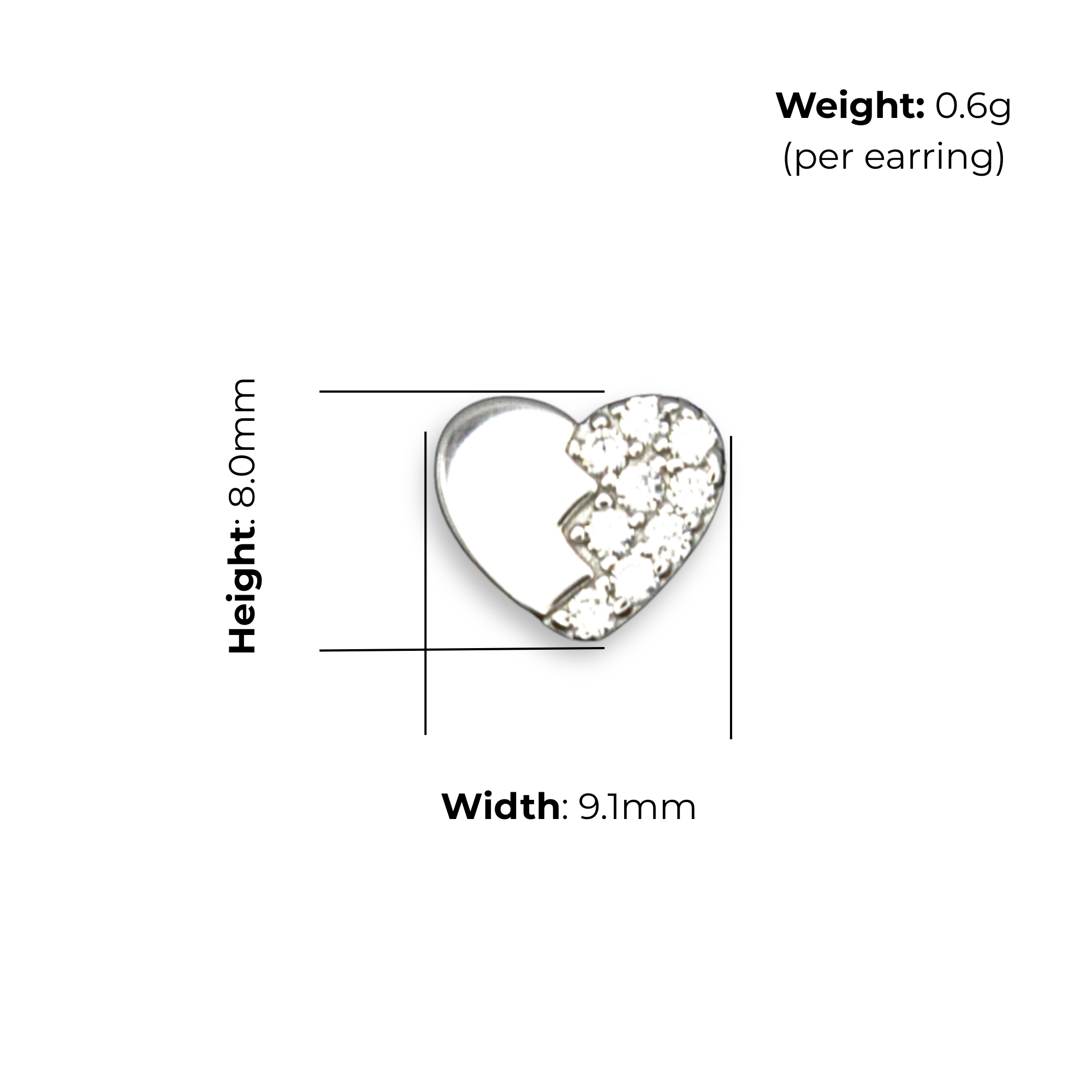 Sterling Silver Split Heart Stud Earrings, Solid Half Pave-Set CZ, product dimensions shown, width 9.1mm, height 8.0mm, weight 0.6g per earring.