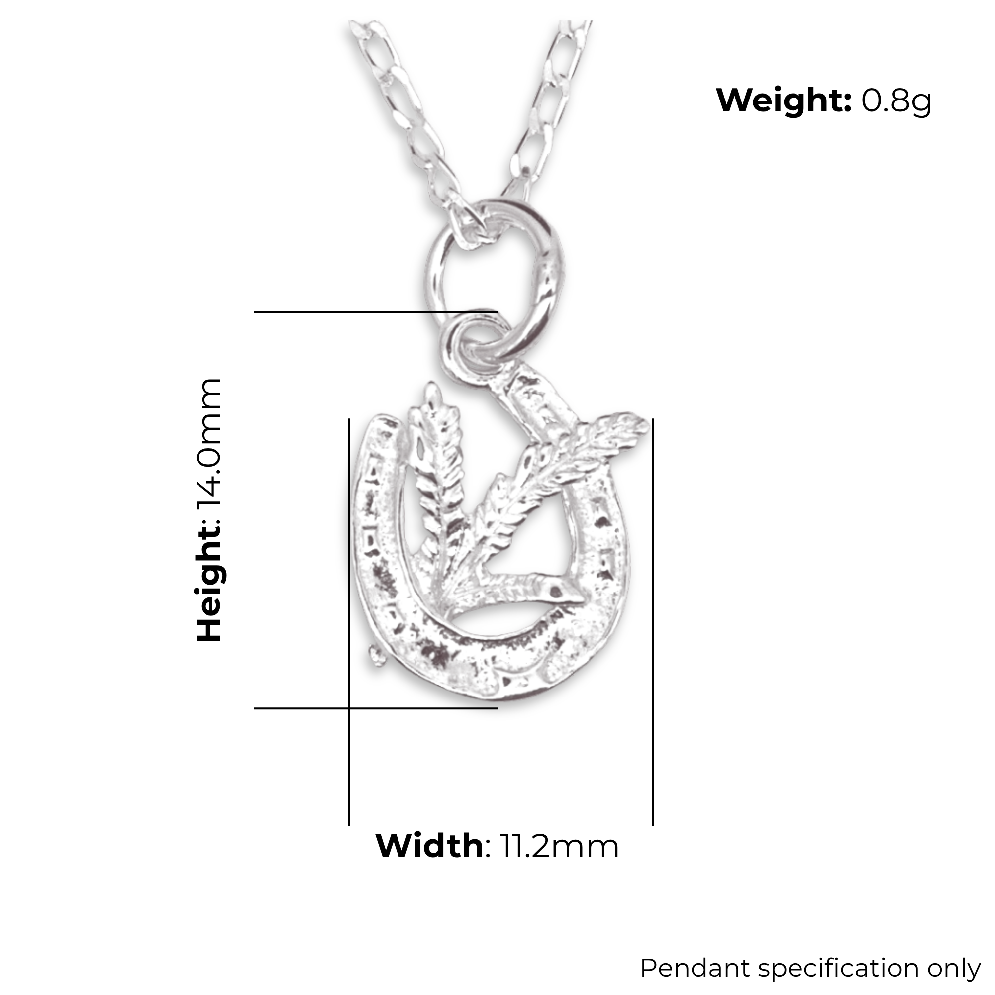 Sterling Silver Scottish Lucky Heather Pendant, horseshoe design, product specification shown, width 11.2mm, height 14mm, weight 0.8g, pendant specification only