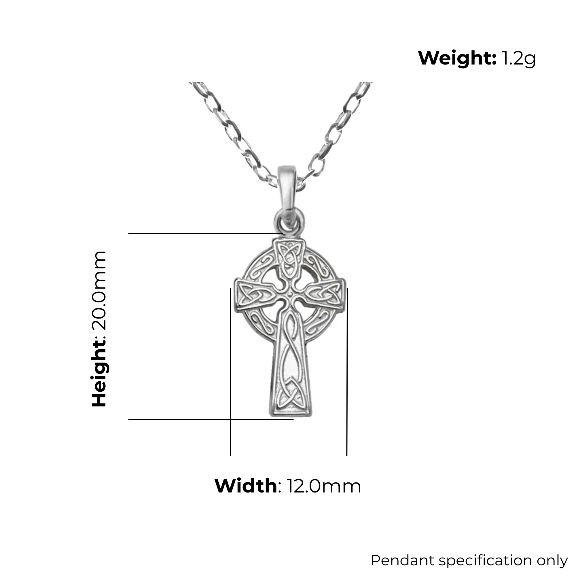 Sterling Silver Celtic Cross Pendant, ringed crosshead, product specification shown, width 12mm, height 20mm, weight 1.2g, pendant specification only