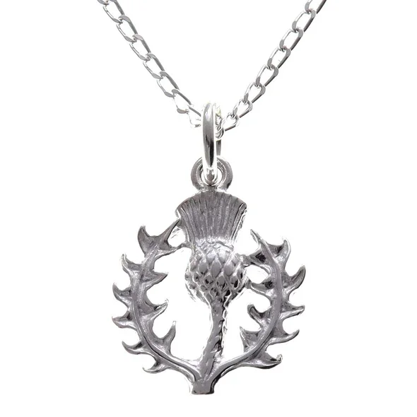 Sterling Silver Scottish Thistle Pendant, feathered head, crosshatched globe, open spiky leaf surround.