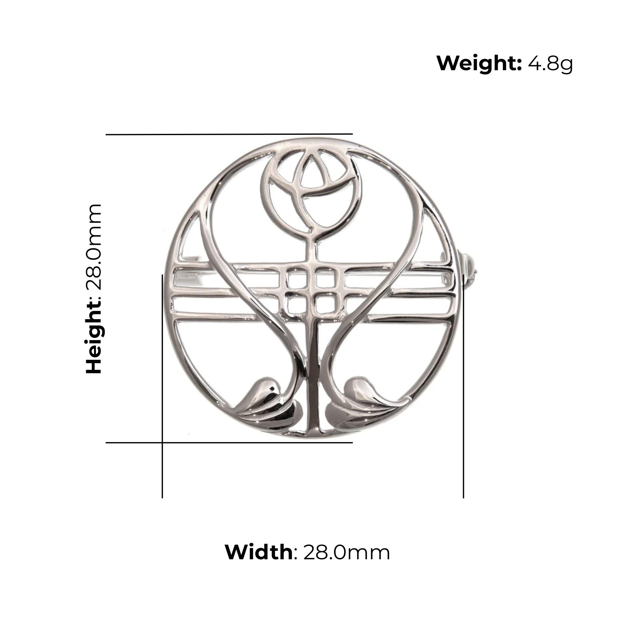 Sterling Silver Charles Rennie Mackintosh Circle Brooch, symmetrical rose design, product dimensions shown, width 28mm, height 28mm, weight 4.8g