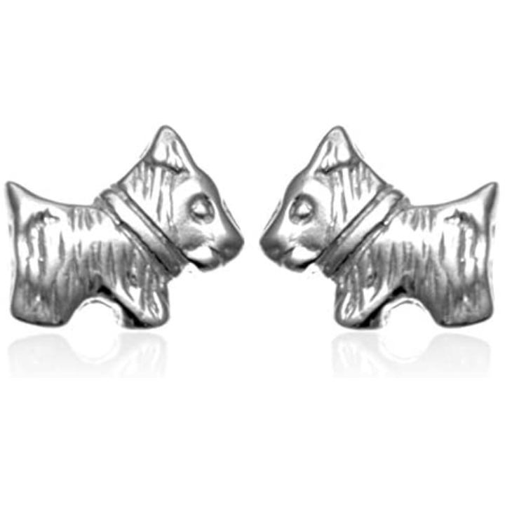 Sterling Silver Scottish Terrier Stud Earrings, sculpted Scottie dog form, engraved coat detail, 8mm x 7mm, push back fitting.