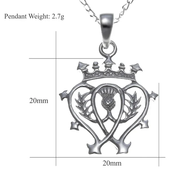 Sterling Silver Scottish Luckenbooth Pendant, thistle integrated heart form, crowned, product dimensions shown, width 20mm by height 20mm, weight 2.7g