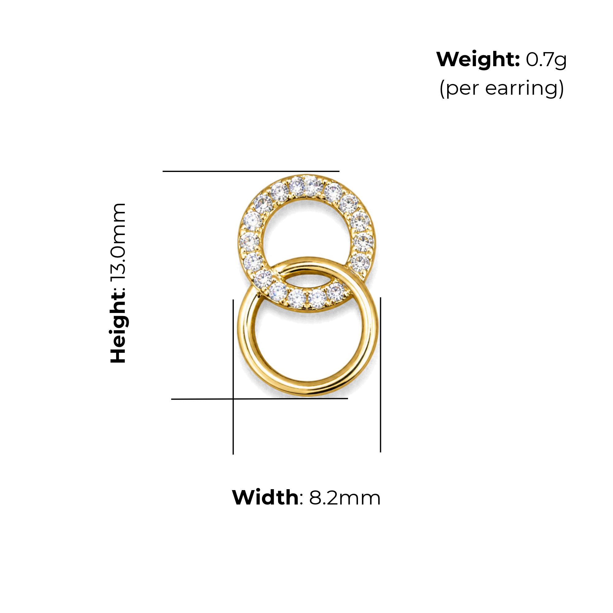 Sterling Silver Interlocking Circles Stud Earrings, Gold Plated, Pave-Set CZ, product dimensions shown, width 8.2mm, height 13.0mm, weight 0.7g per earring