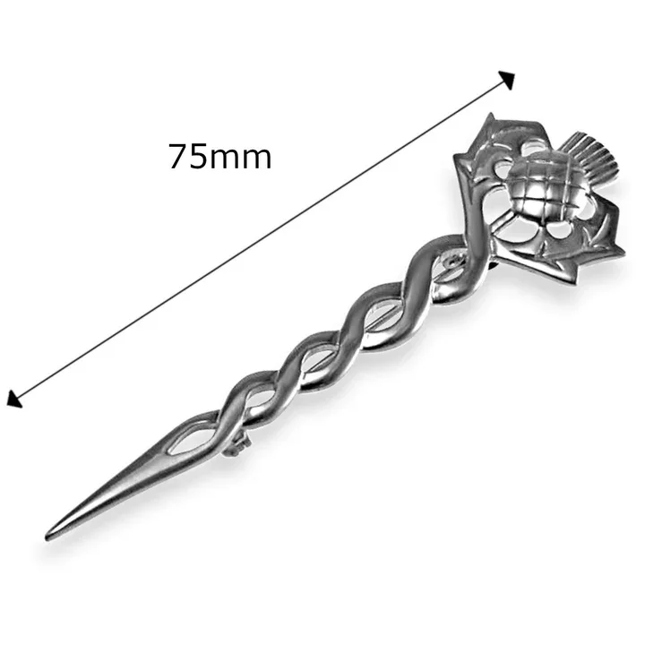 Sterling Silver Scottish Thistle Kilt Pin with Celtic knotwork stem, product dimensions shown, 75mm in length