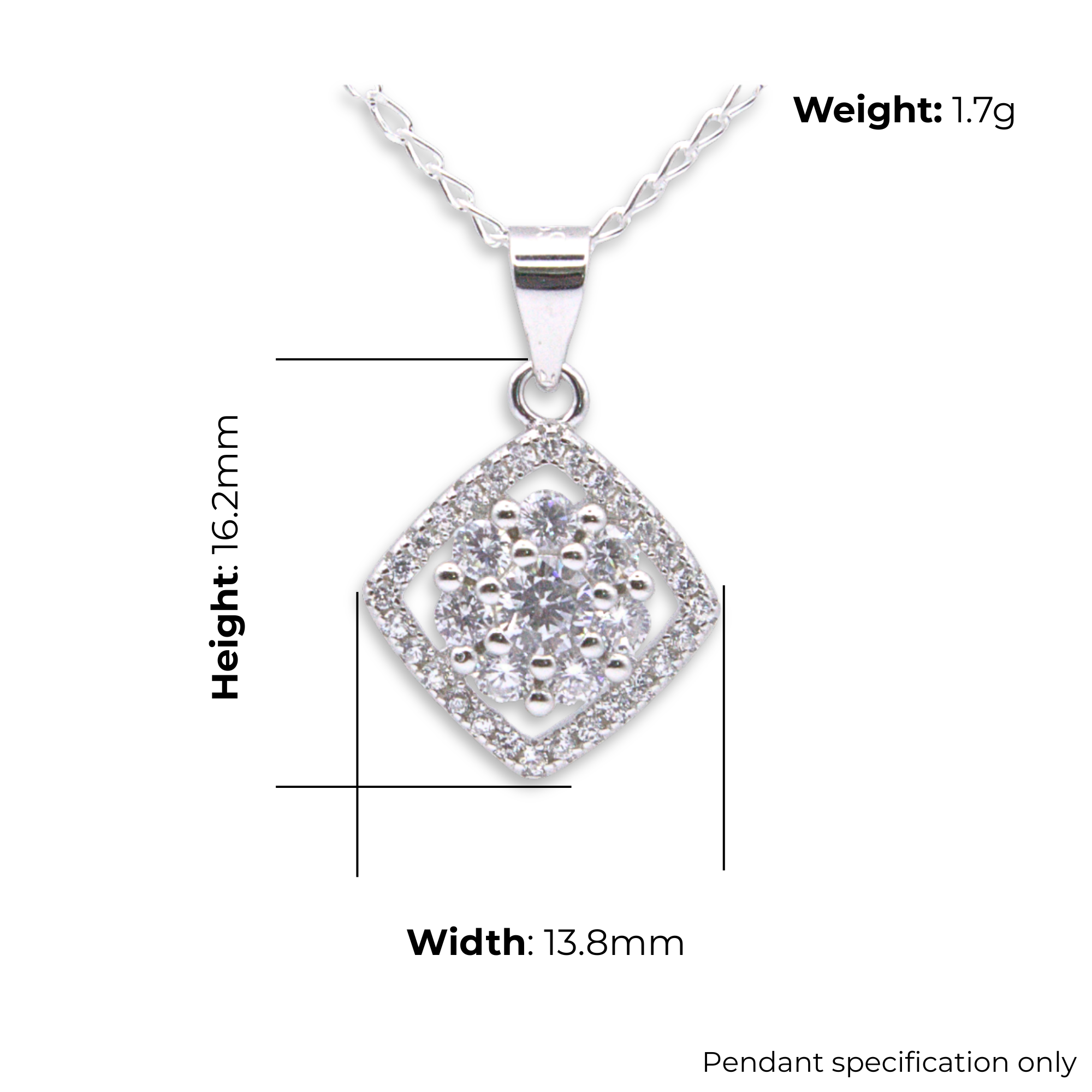 Sterling Silver CZ Cluster Pendant, product dimensions shown, width 13.8mm, height 16.2mm, weight 1.7g, pendant specification only