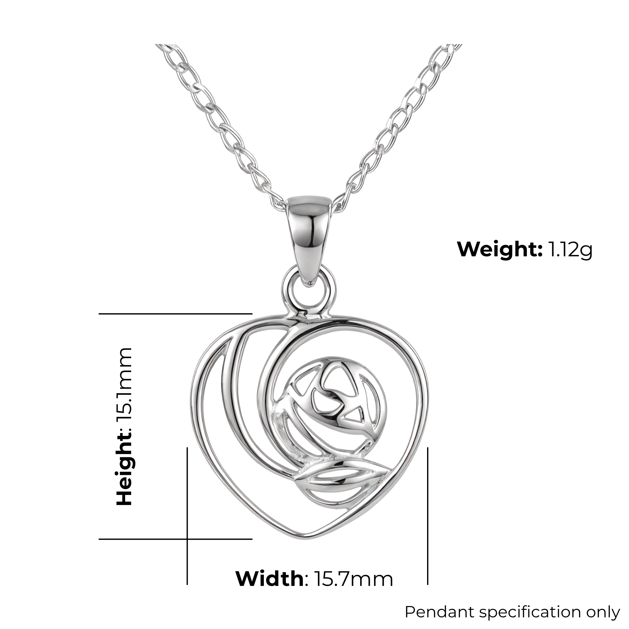 Sterling Silver Charles Rennie Mackintosh Heart Pendant, sculpted rose, heart-shaped leaves, product dimensions shown, width 15.7mm by height 15.1mm, weight 1.12g, pendant specification only.