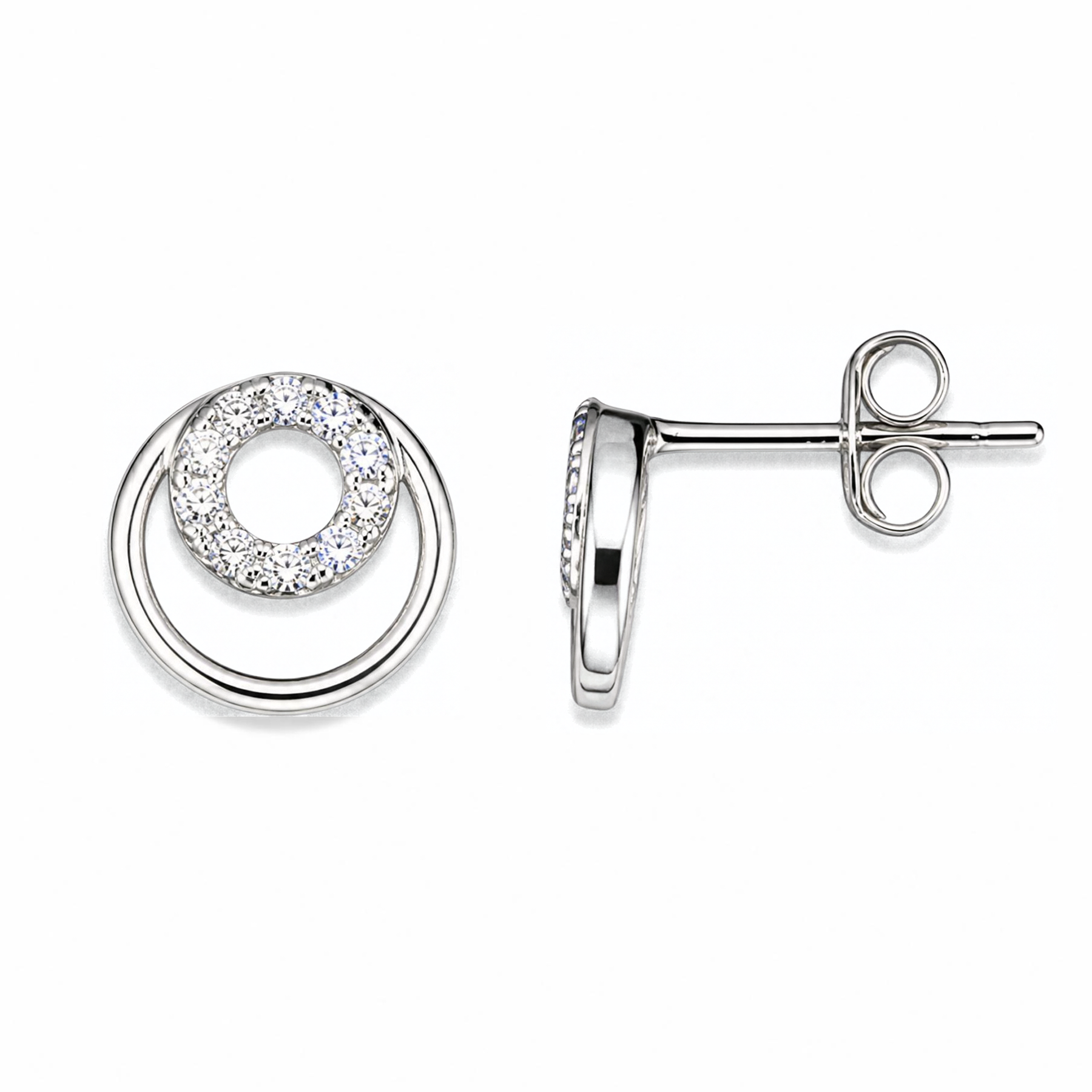 Sterling Silver Interlocking Circles Stud Earrings, Pave-Set CZ