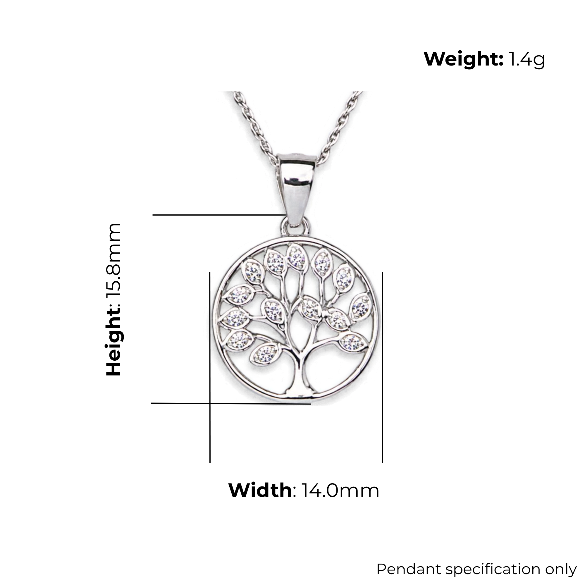 Sterling Silver Tree of Life Pendant, CZ Leaf Detail, product dimensions shown, width 14.0mm, height 15.8mm, weight 1.4g, pendant specification only.