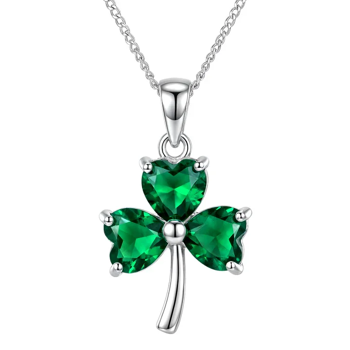 Sterling Silver Irish Shamrock Pendant, green CZ heart-shaped stones, claw set, 16mm x 12mm