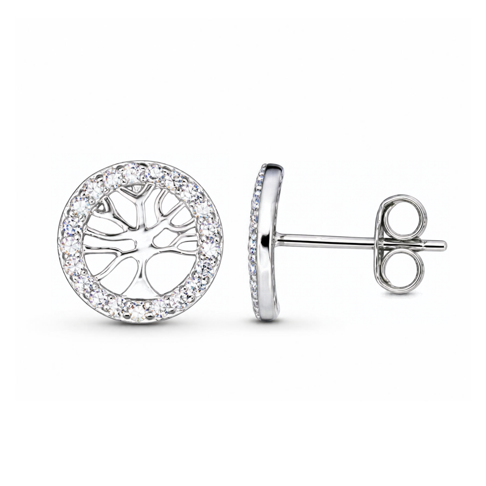 Sterling Silver Tree of Life Stud Earrings, Open Branch Design with CZ Border