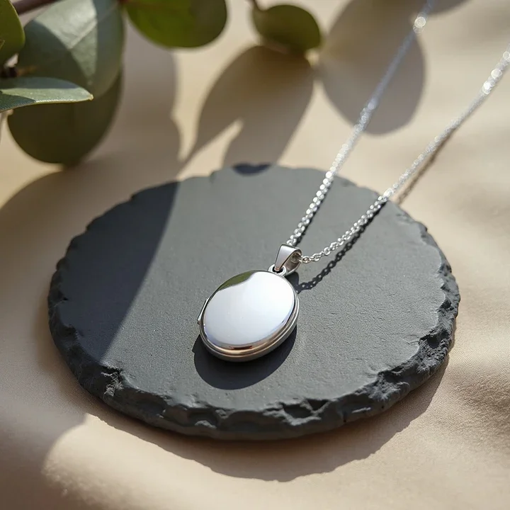 Sterling Silver oval photo locket. Plain high mirror polish, smooth curved edges, shown on Scottish slate with dried botanicals