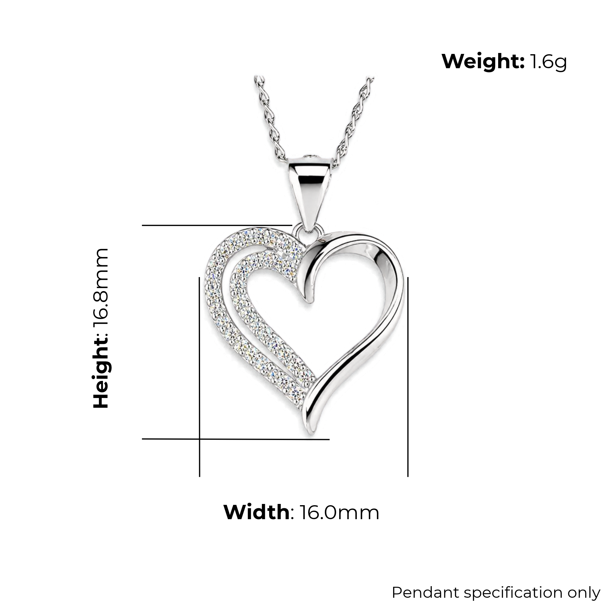 Sterling Silver Double Outline Heart Pendant with CZ, product dimensions shown, width 16mm, height 16.8mm, weight 1.6g, pendant specification shown