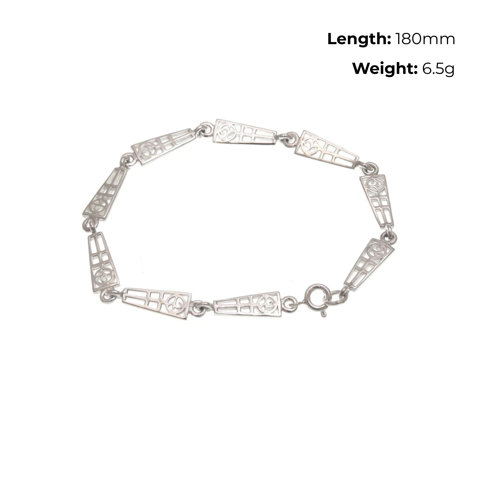Sterling Silver Charles Rennie Mackintosh Trapezoid Link Bracelet, rose and geometric grid, product dimensions shown, length 180mm, weight 6.5g