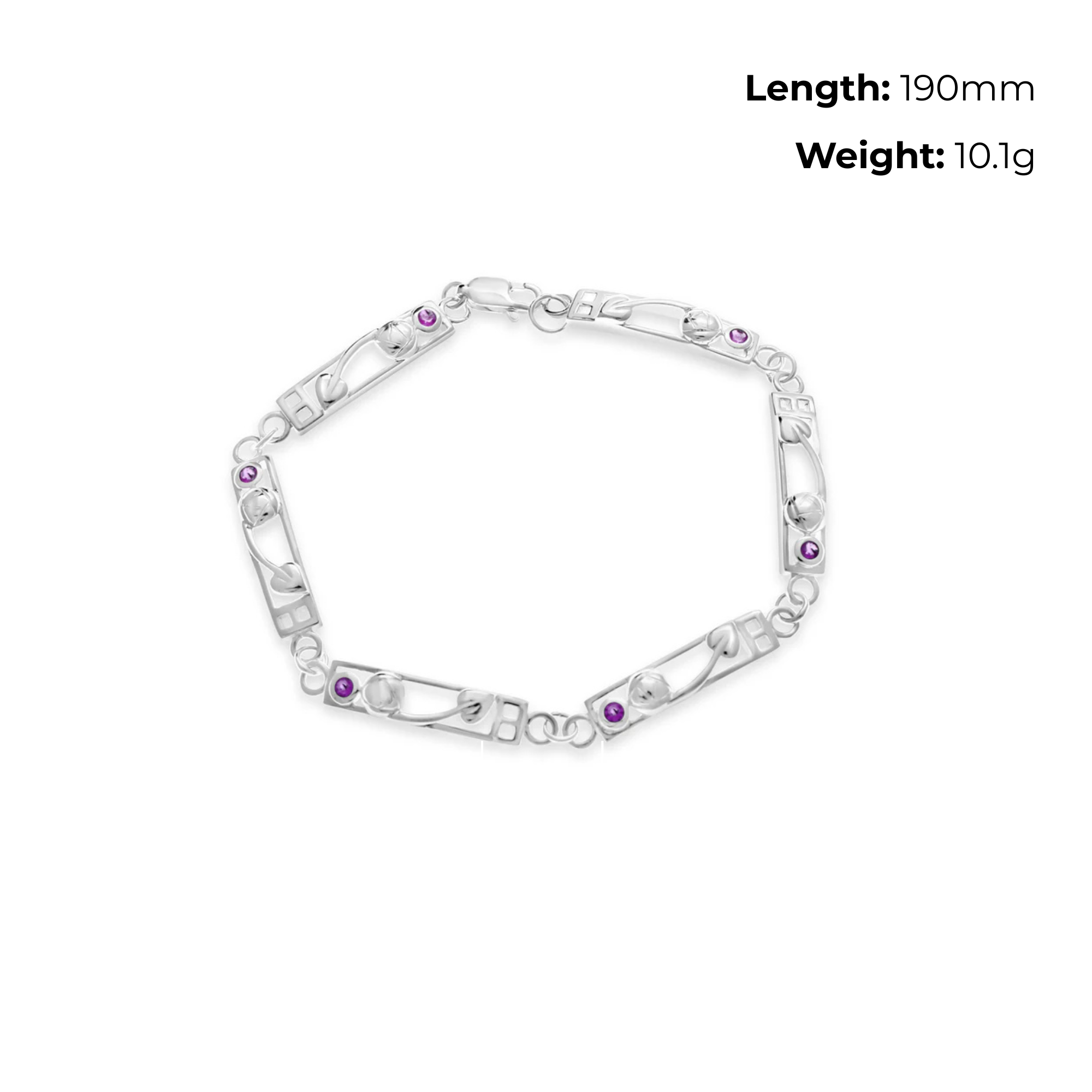 Sterling Silver Charles Rennie Mackintosh Bar Link Bracelet, purple cubic zirconia, product dimensions shown, length 190mm, weight 10.1g