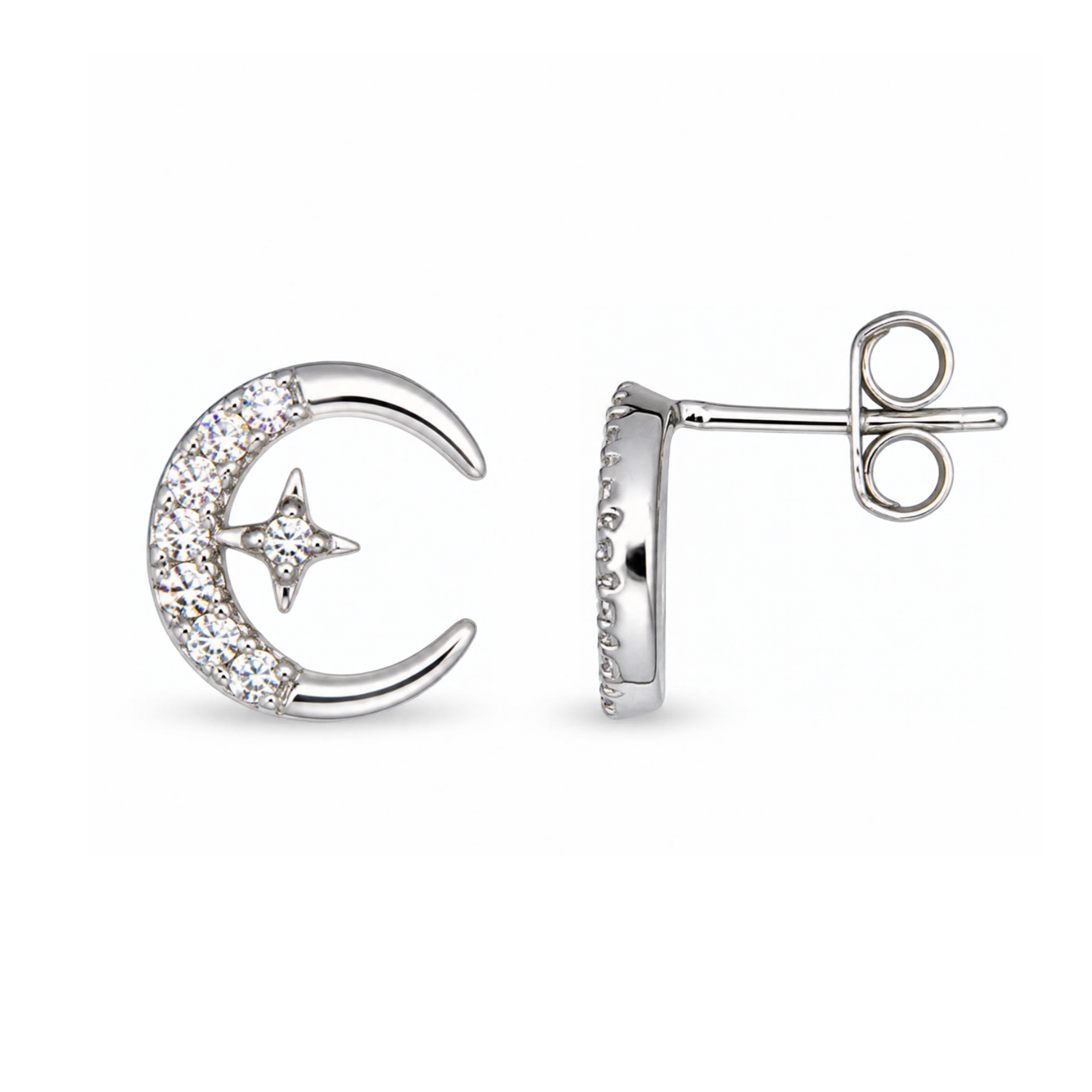 Sterling Silver Crescent Moon and Star Stud Earrings, Pave-Set CZ