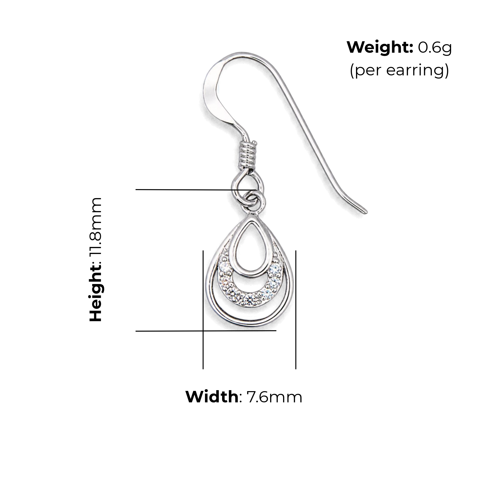 Sterling Silver Double Teardrop Drop Earrings, CZ product dimensions shown, width 7.6mm, height 11.8mm, weight 0.6g per earring