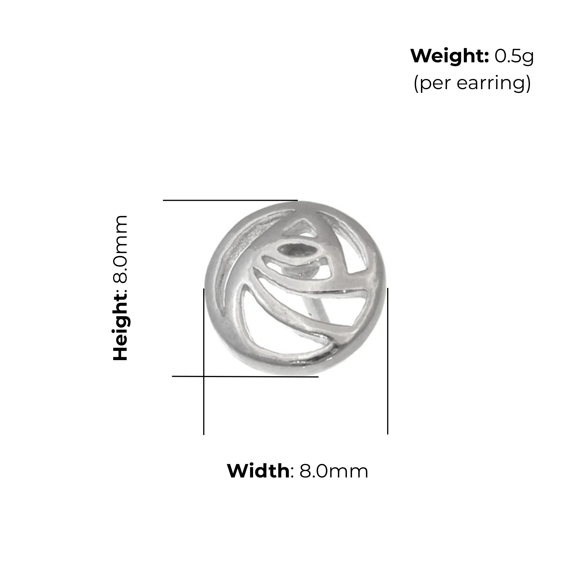 Sterling Silver Charles Rennie Mackintosh Circle Stud Earrings, abstract rose design, product dimensions shown, width 8mm, height 8mm, weight 0.5g per earring