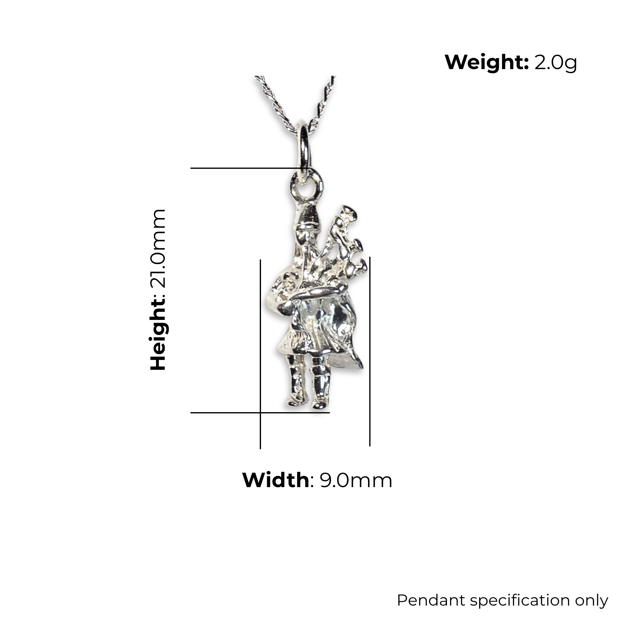 Sterling Silver Scottish Piper Pendant, 3D figural design, product dimensions shown, width 9mm, height 21mm, weight 2.0g