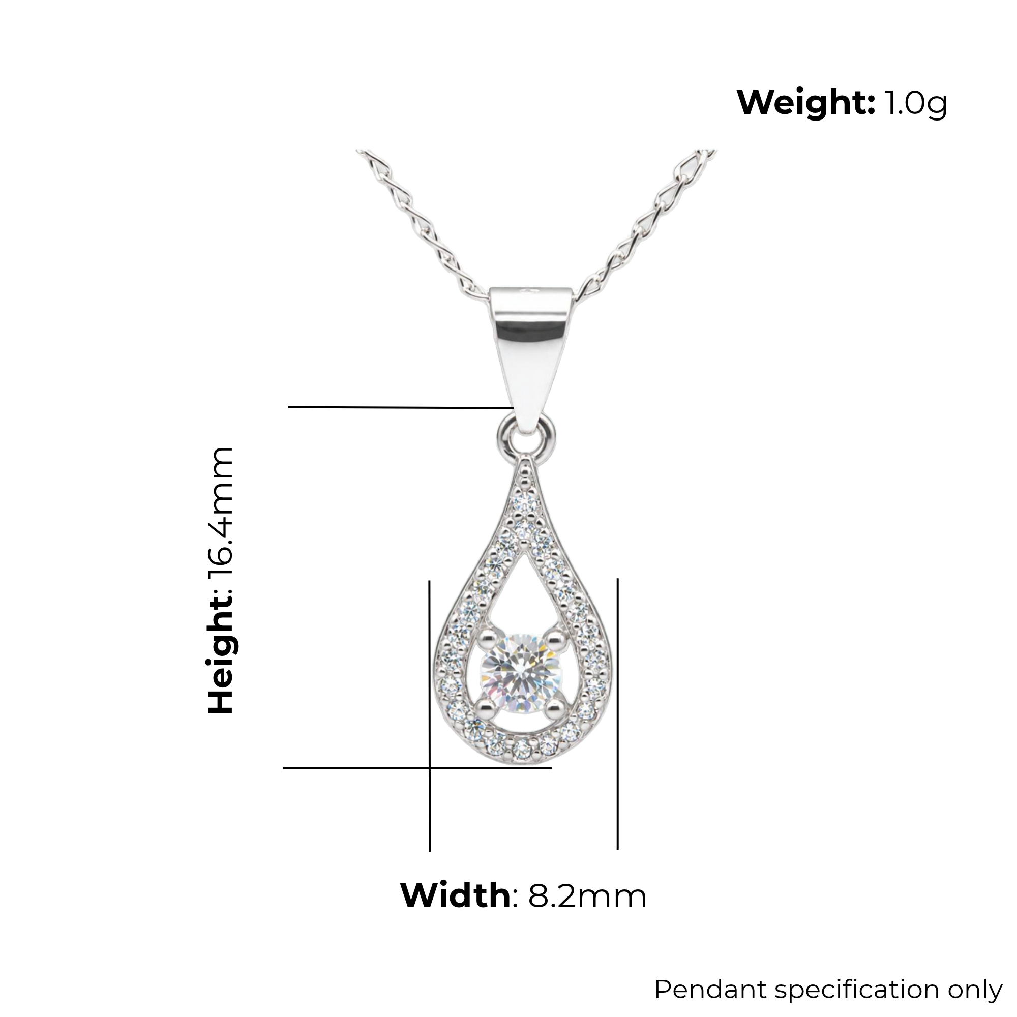 Sterling Silver Teardrop CZ Halo Pendant, product dimensions shown, width 8.2mm, height 16.4mm, weight 1g pendant specification only