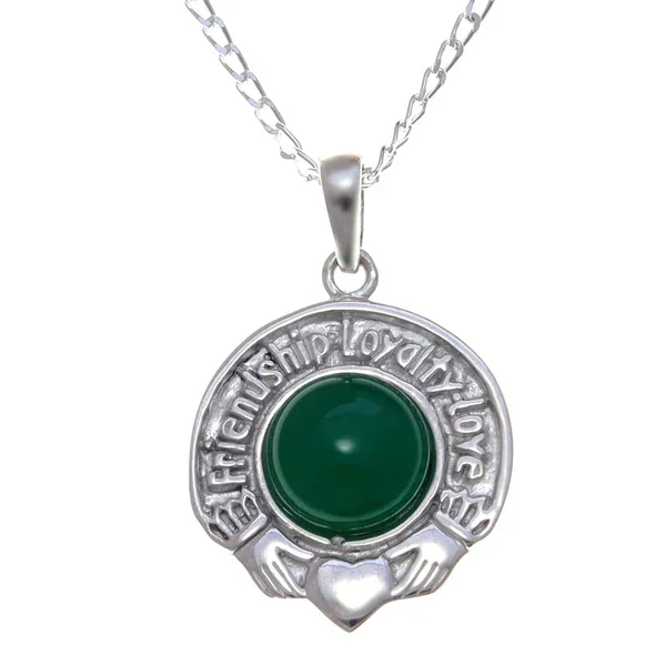 Sterling Silver Claddagh Pendant, engraved Friendship Loyalty Love border, green CZ bezel set.
