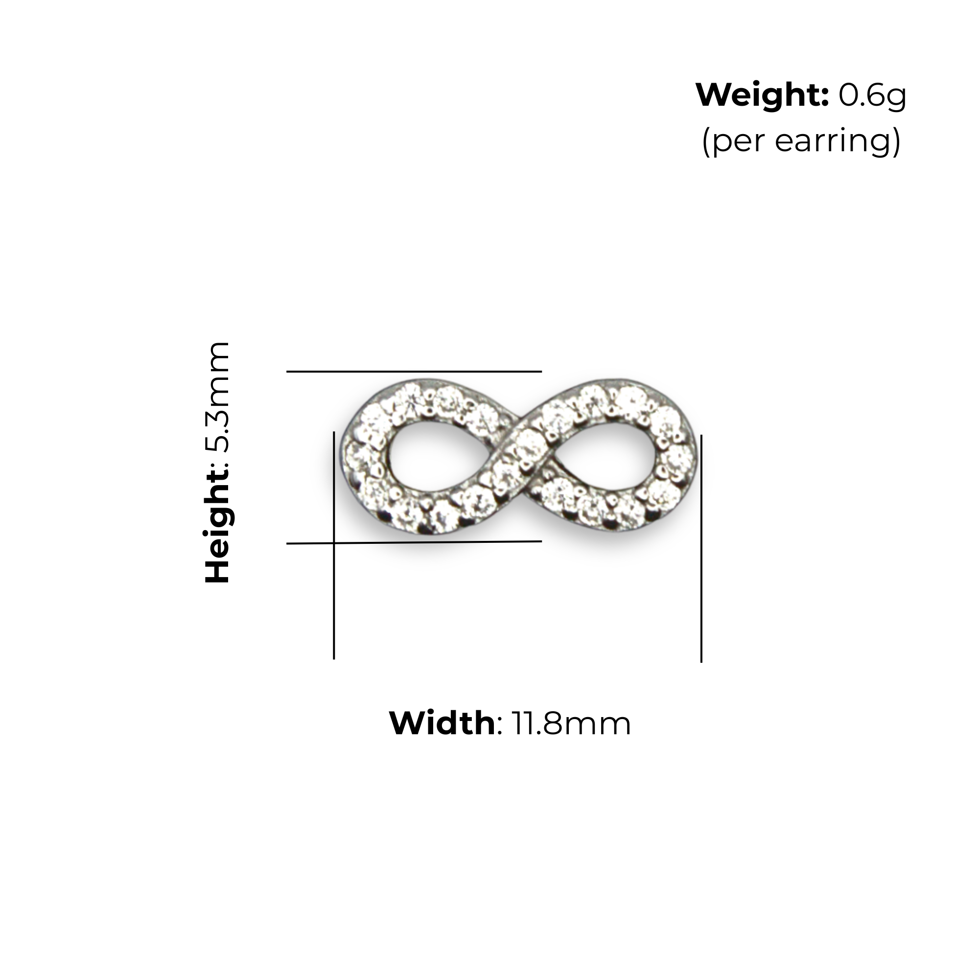 Sterling Silver Infinity Stud Earrings, Pave-Set CZ, product dimensions shown, width 11.8mm, height 5.3mm, weight 0.6g per earring.