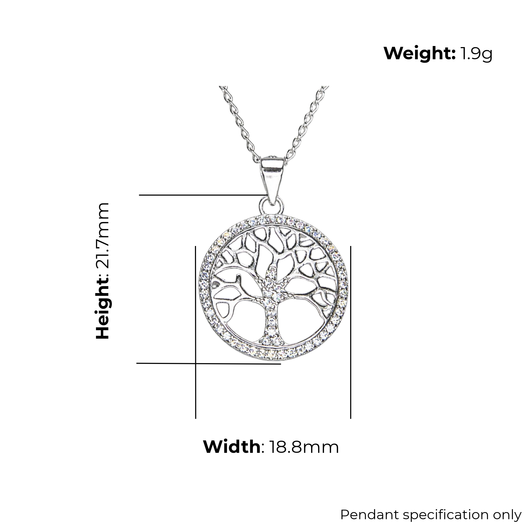 Sterling Silver Tree of Life Pendant, Pave-Set CZ Border, product dimensions shown, width 18.8mm, height 21.7mm, weight 1.9g, pendant specification only.