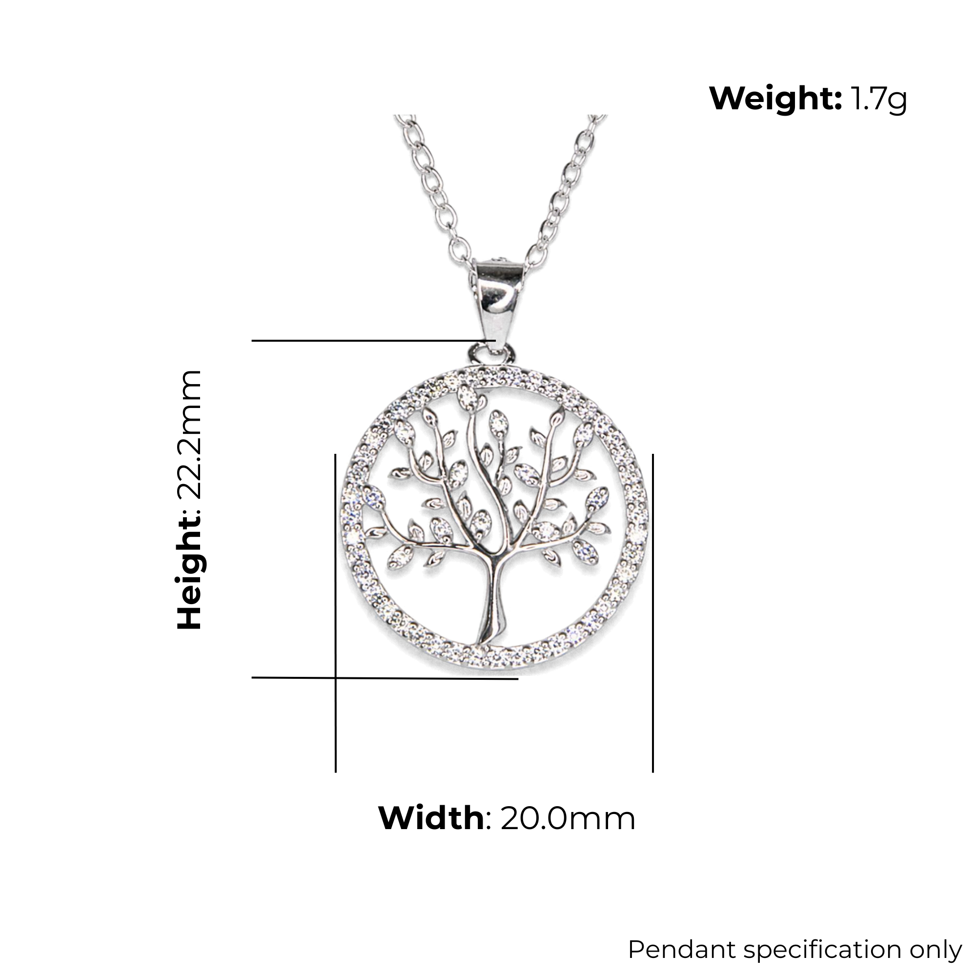 Sterling Silver Tree of Life Pendant, Pave-Set CZ Border, product dimensions shown, width 20.0mm, height 22.2mm, weight 1.7g, pendant specification only.