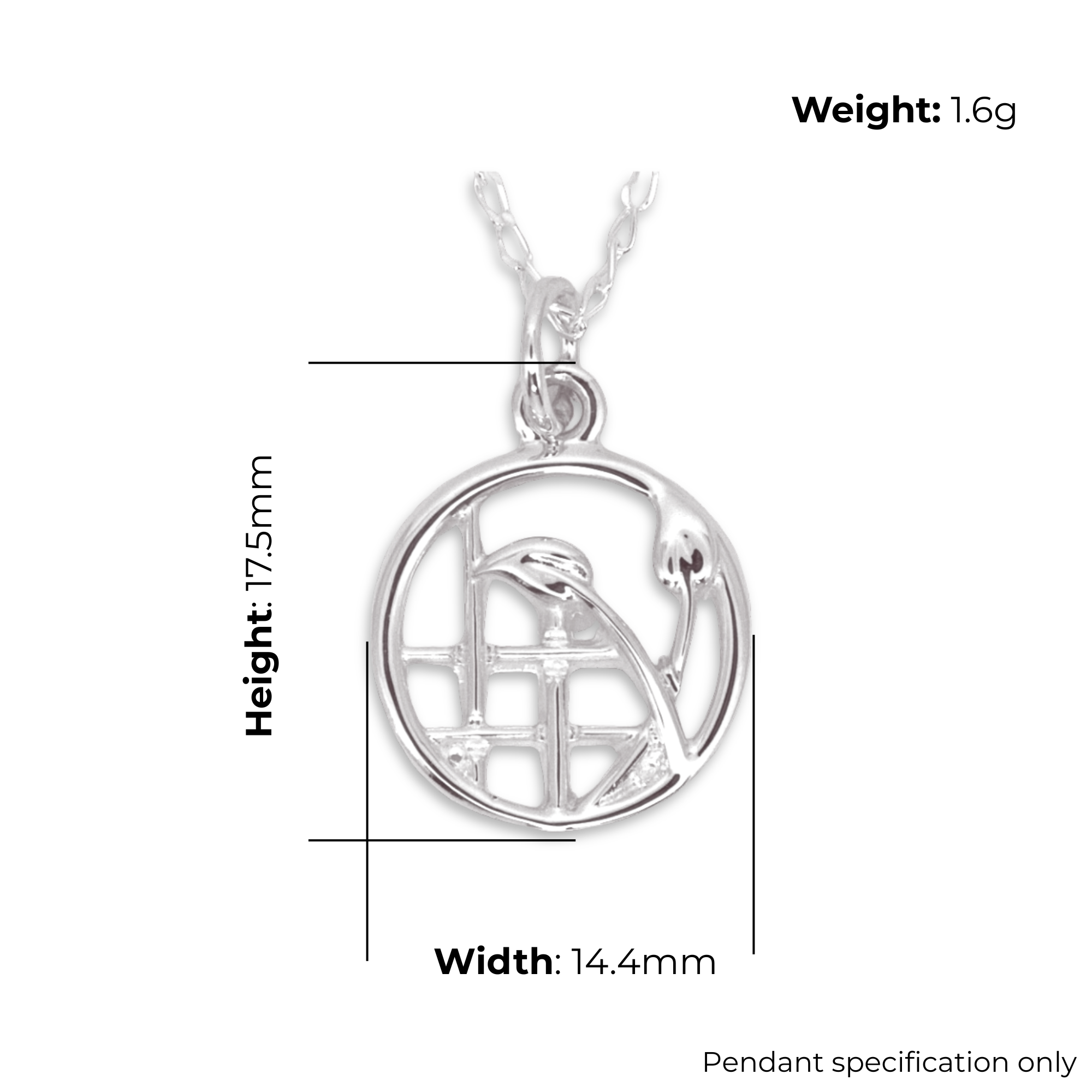 Sterling Silver Charles Rennie Mackintosh Pendant, naturalistic floral design, product dimensions shown, width 14.4mm, height 17.5mm, weight 1.6g, pendant specification only