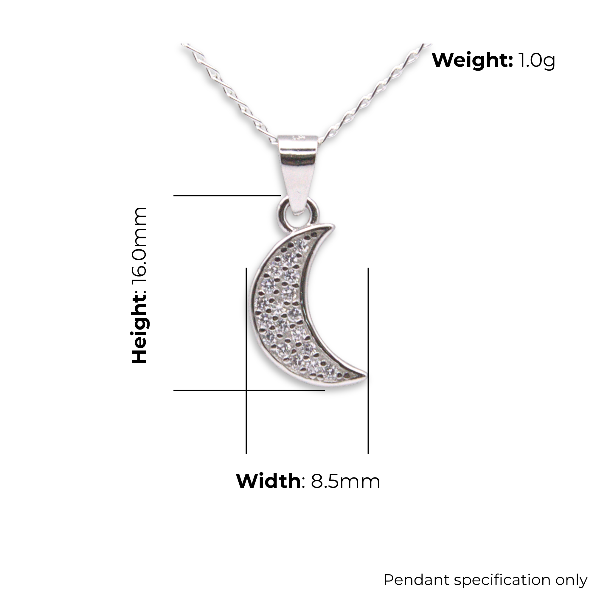 Sterling Silver Crescent Moon CZ Pendant, product dimensions shown, width 8.5mm, height 16mm, weight 1g pendant specification only