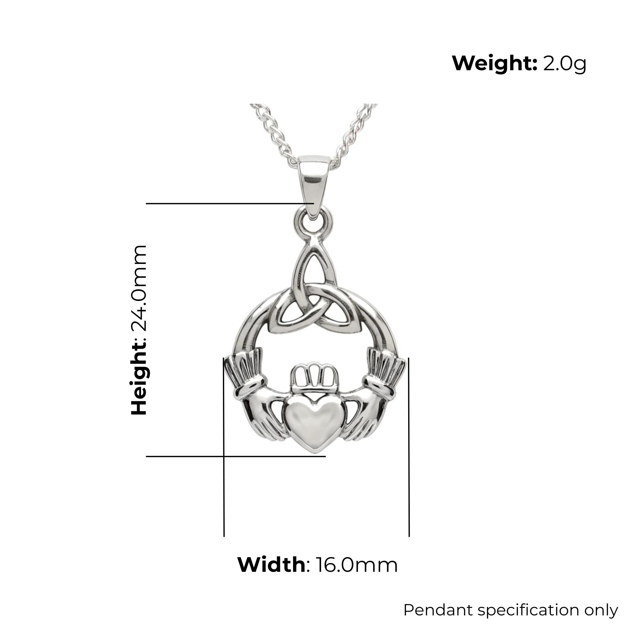 Sterling Silver Claddagh & Trinity Knot Pendant, high mirror polish, product dimensions shown, width 16mm, height 24mm, weight 2g, pendant specification only