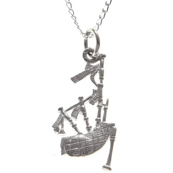 Sterling Silver Scottish Bagpipes Pendant, large format, fanned drone arrangement, fringe detail.