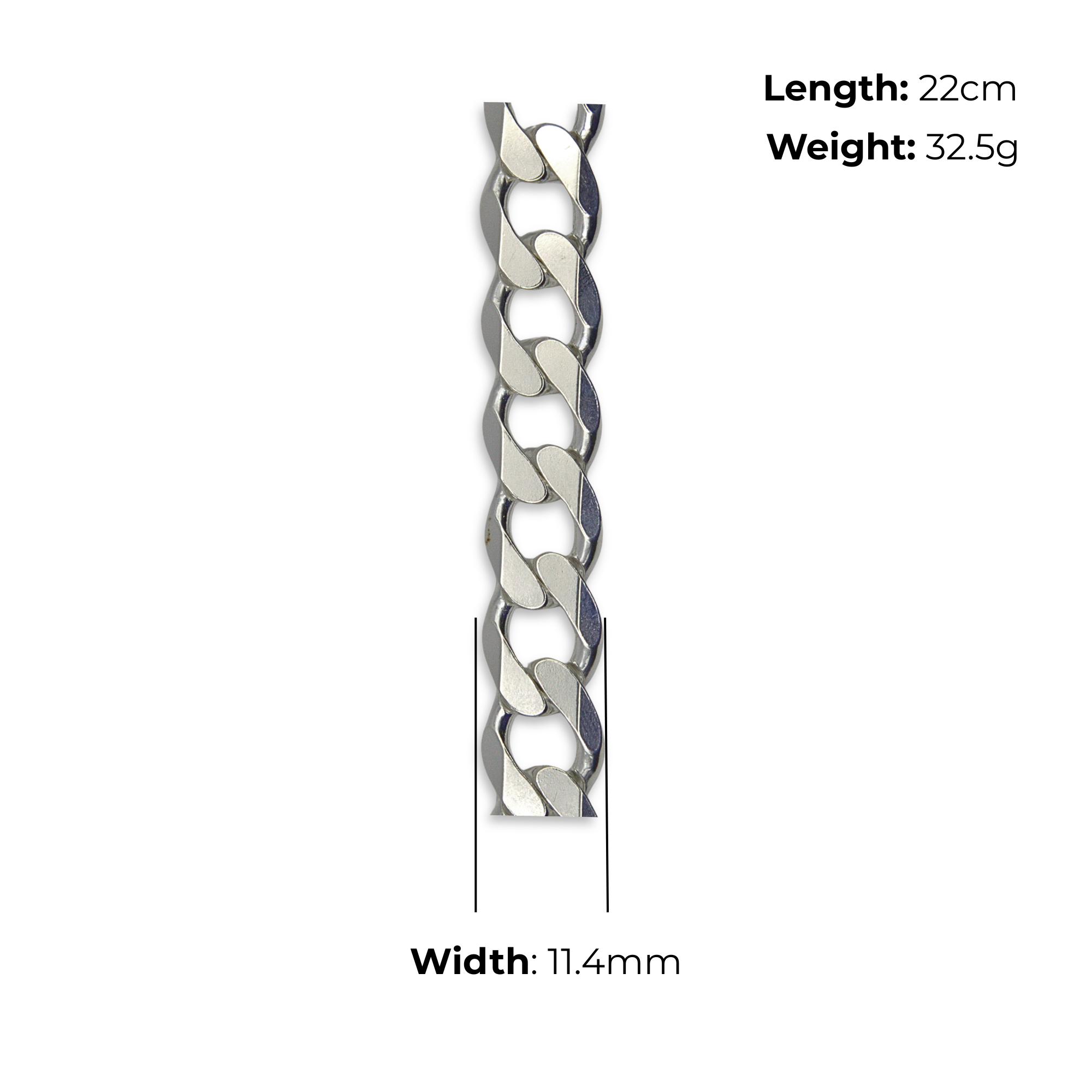 Sterling Silver Gents Curb Chain Bracelet, high mirror polish, product dimensions shown, length 20cm, weight 32.5g, width 11.4mm