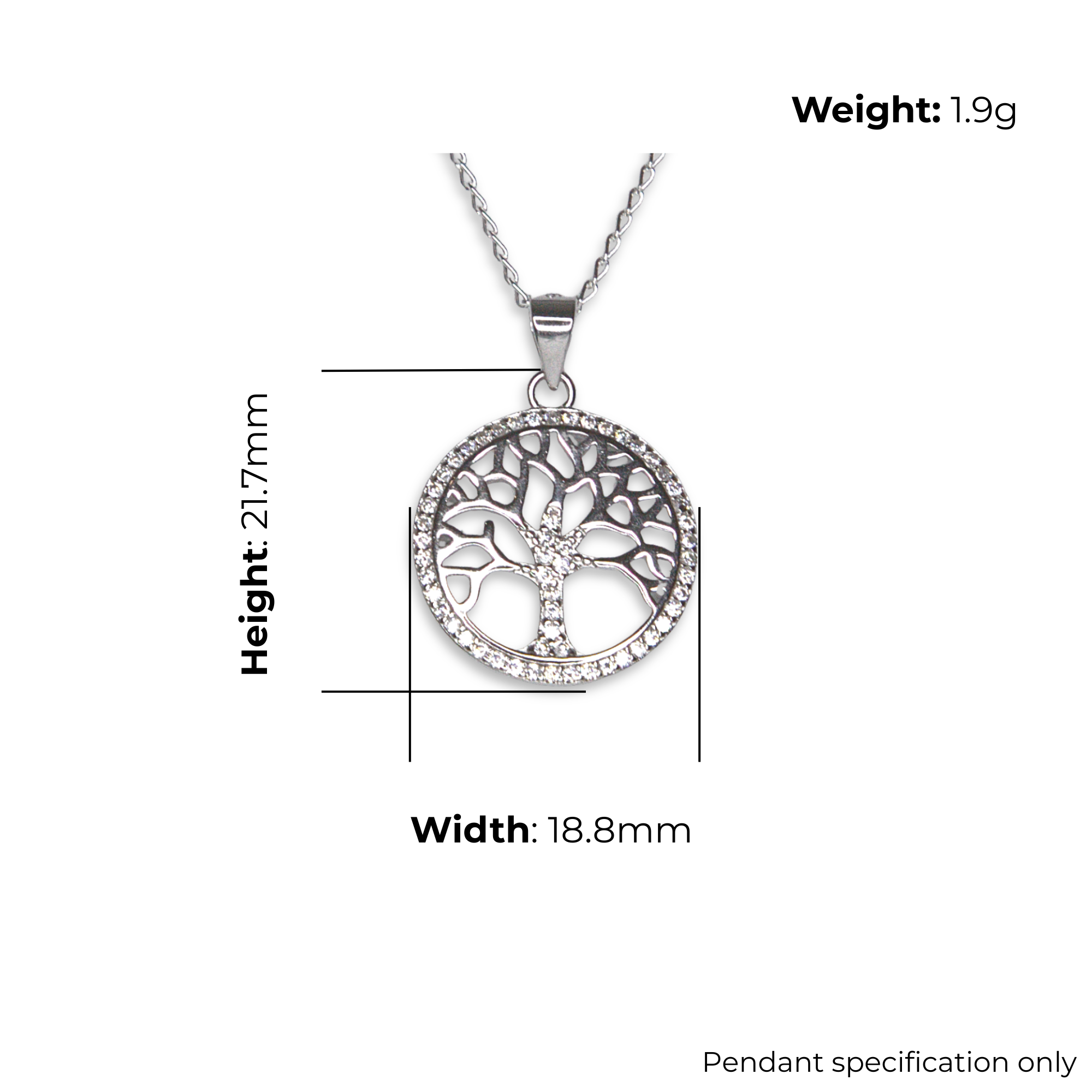 Sterling Silver Tree of Life Pendant, Pave-Set CZ Border, product dimensions shown, width 18.8mm, height 21.7mm, weight 1.9g, pendant specification only.