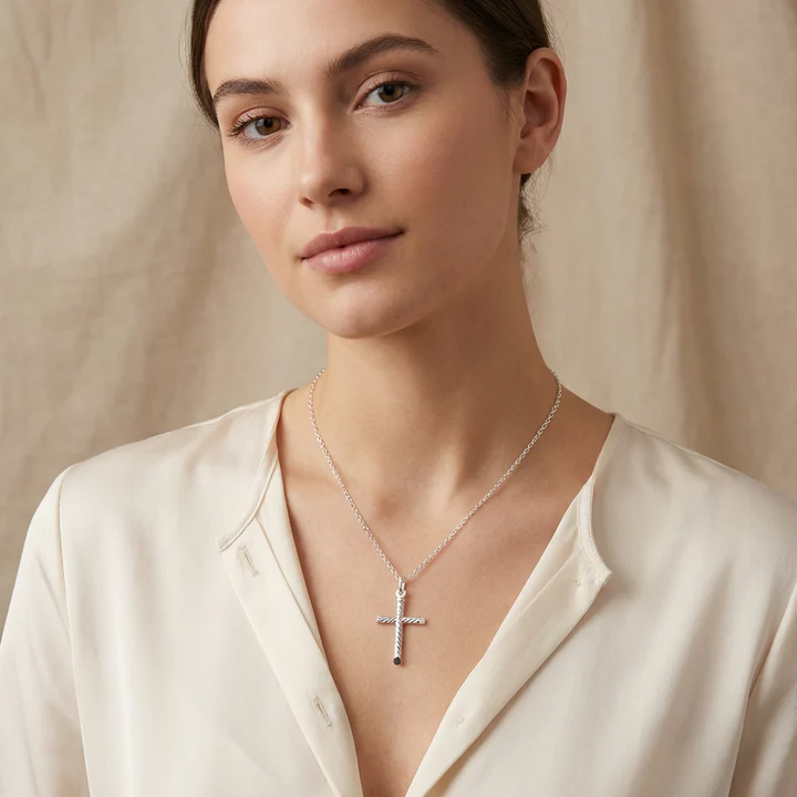 Sterling Silver cross pendant, rope twist tubular arms, displayed on model showing neckline and scale