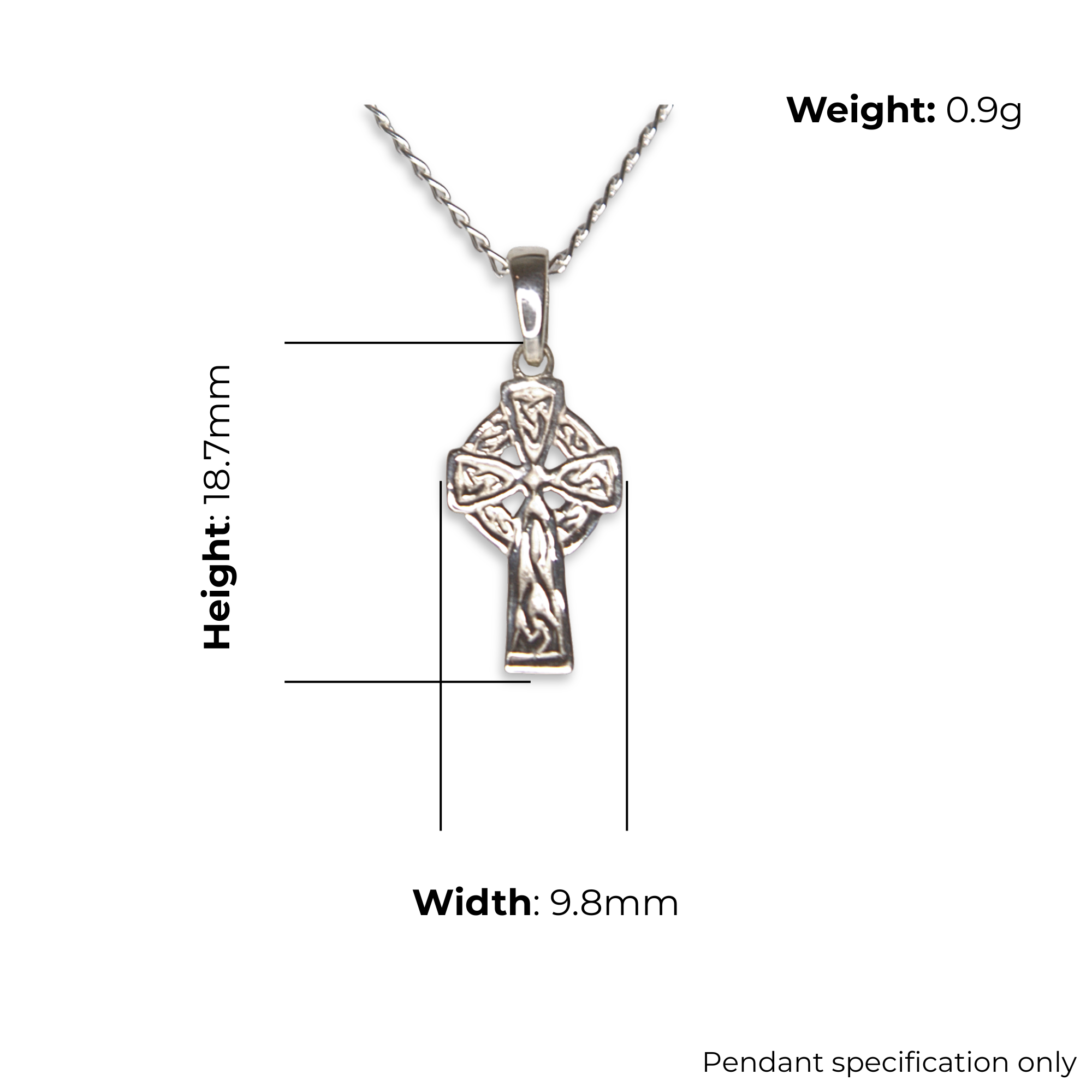 Sterling Silver Celtic Cross Pendant, Interlaced Knotwork, product dimensions shown, width 9.8mm, height 18.7mm, weight 0.9g, pendant specification only.
