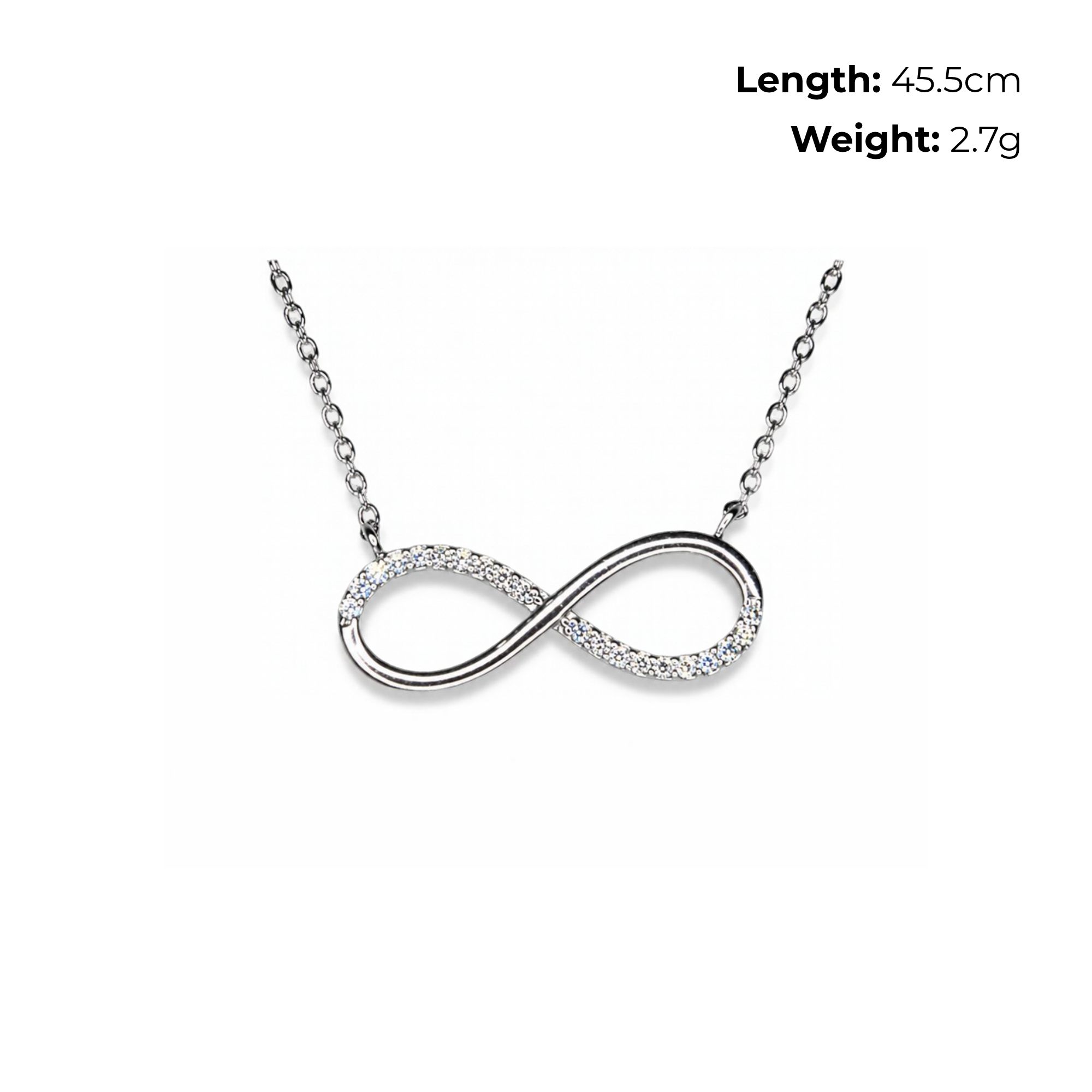 Sterling Silver Bold Infinity Necklet with CZ, product dimensions shown, length 45.5cm, weight 2.7g