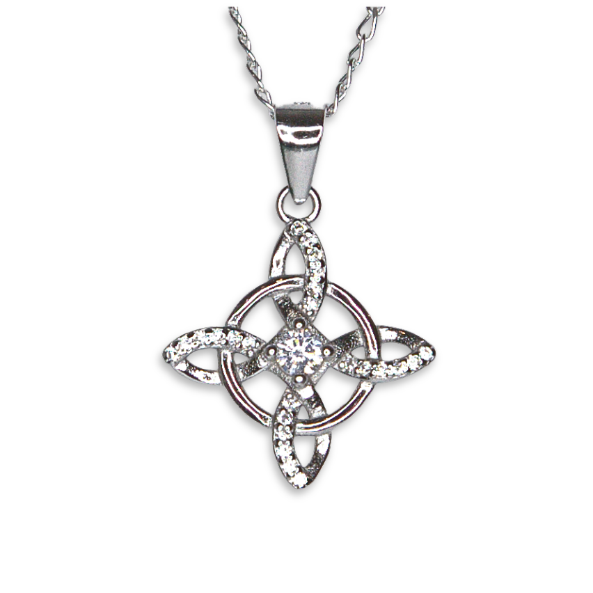 Sterling Silver Celtic Knot Pendant, Four-Point Radial Design, CZ Centre
