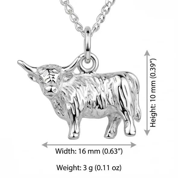 Sterling Silver Scottish Highland Cow Pendant, sculpted three-dimensional form, engraved coat detail, product dimensions shown, width 16mm by height 10mm, weight 3g